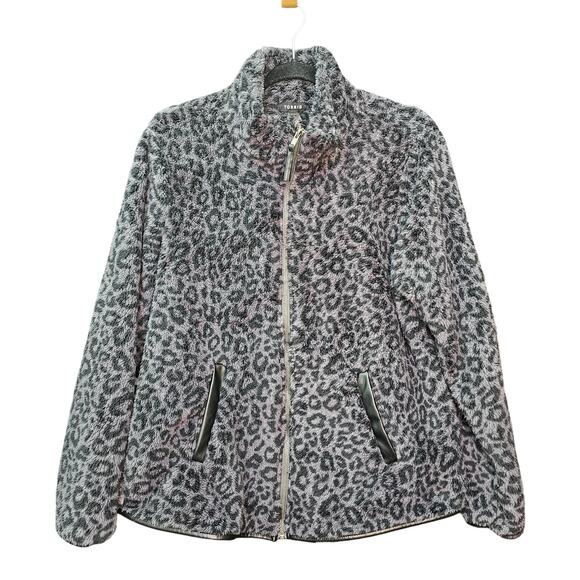 Torrid Teddy Jacket Womens 00 Black Grey Leopard Animal Print Leatherette Trim - Picture 1 of 11
